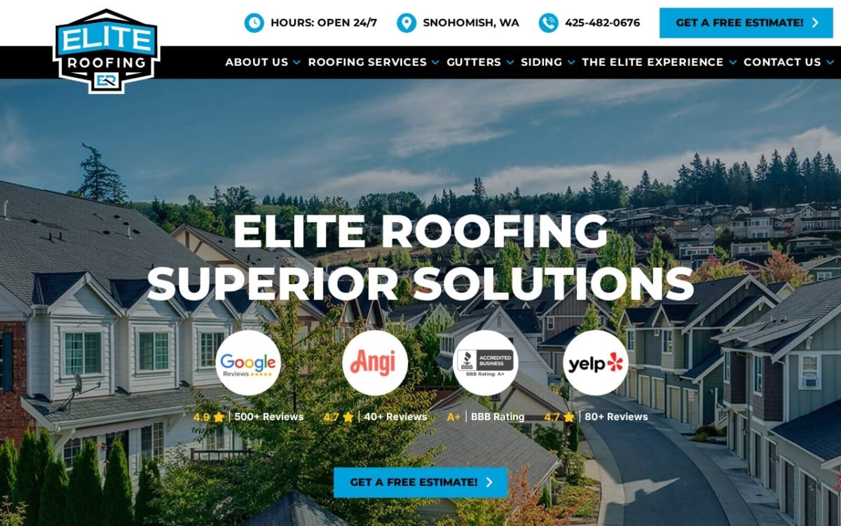 Elite Roofing & Remodel roofing website homepage