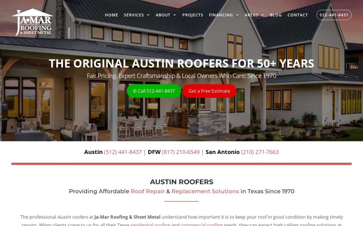 Ja-Mar Roofing & Sheet Metal - Austin roofing website homepage