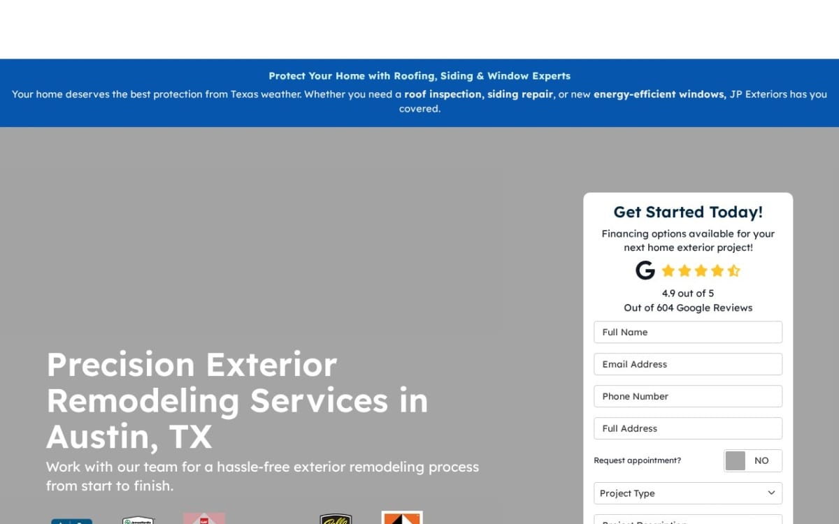 JP Exteriors roofing website homepage