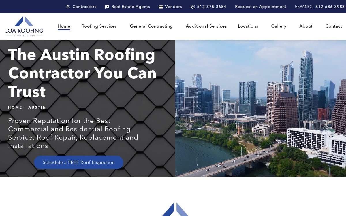 LOA Construction and Austin Roofing roofing website homepage