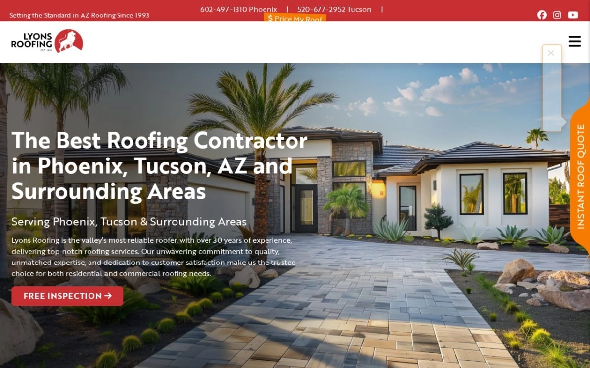 Lyons Roofing roofing website homepage