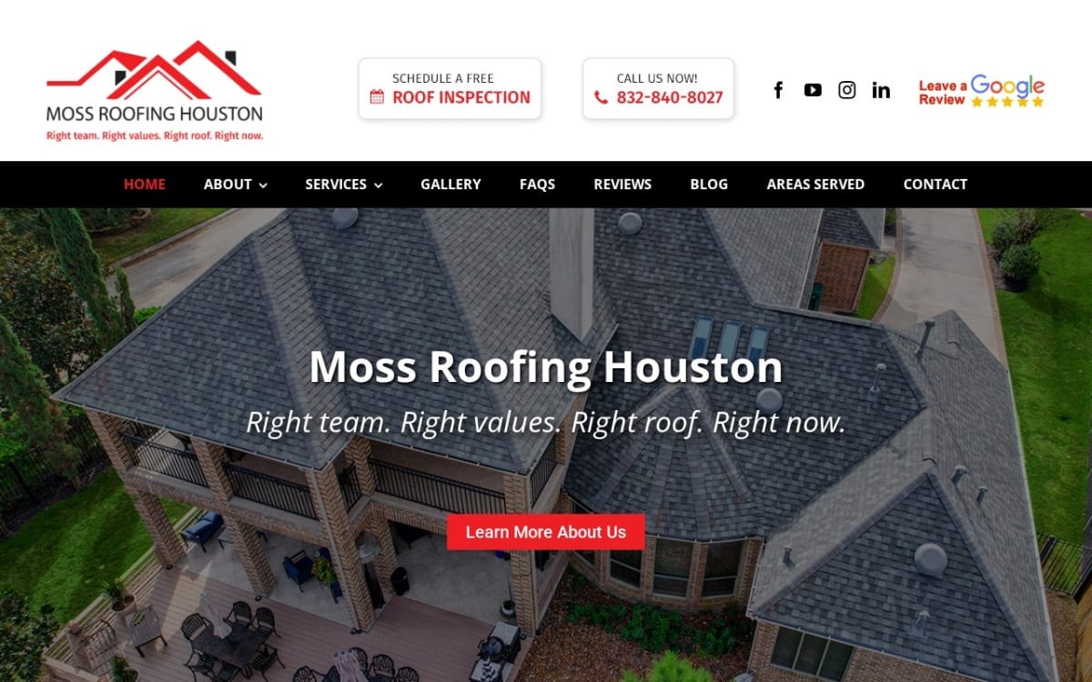 Moss Roofing Houston roofing website homepage