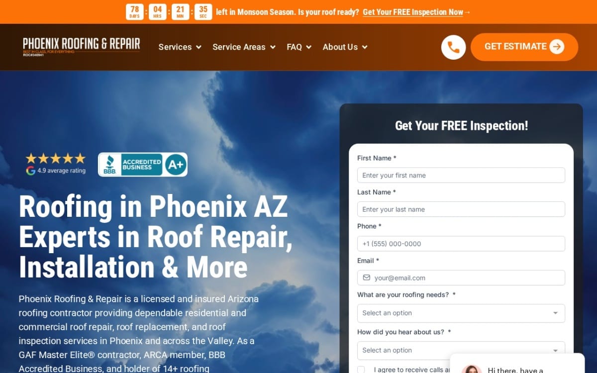 Phoenix Roofing & Repair roofing website homepage