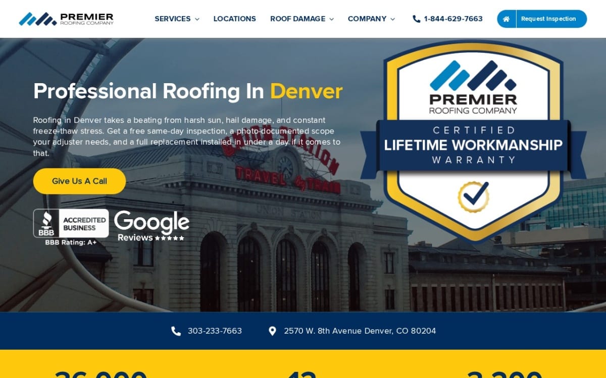 Premier Roofing Company roofing website homepage