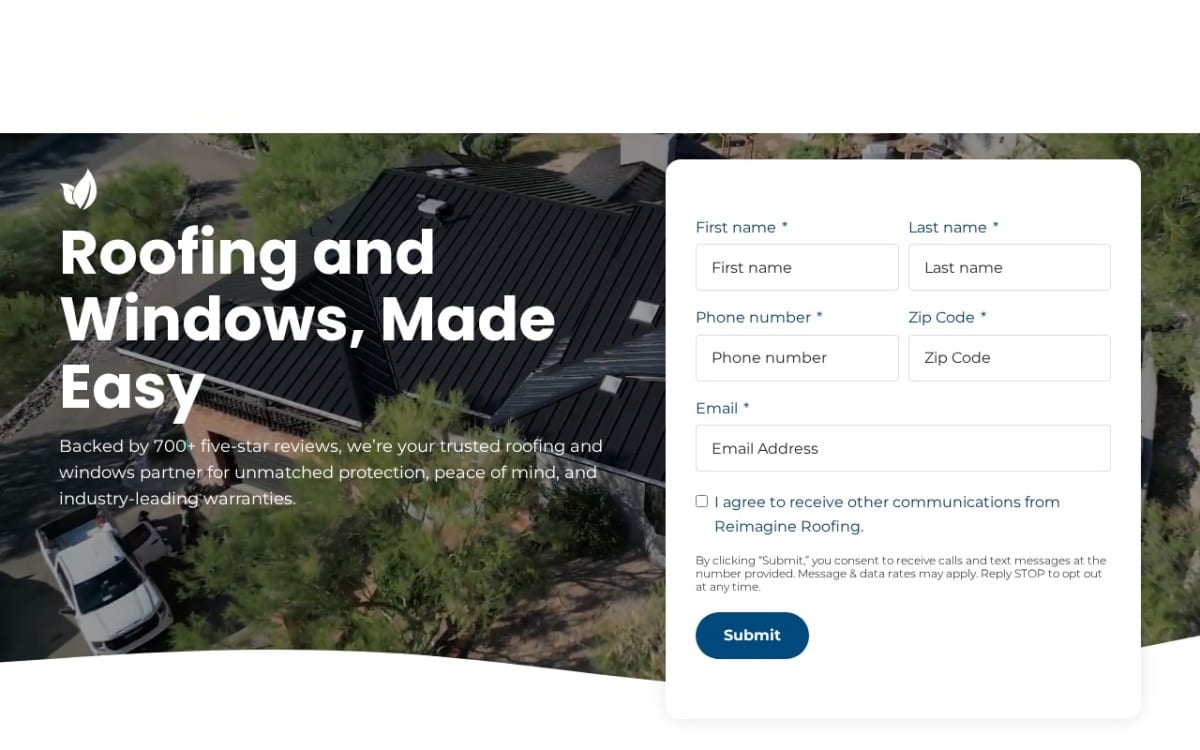 Reimagine Roofing roofing website homepage