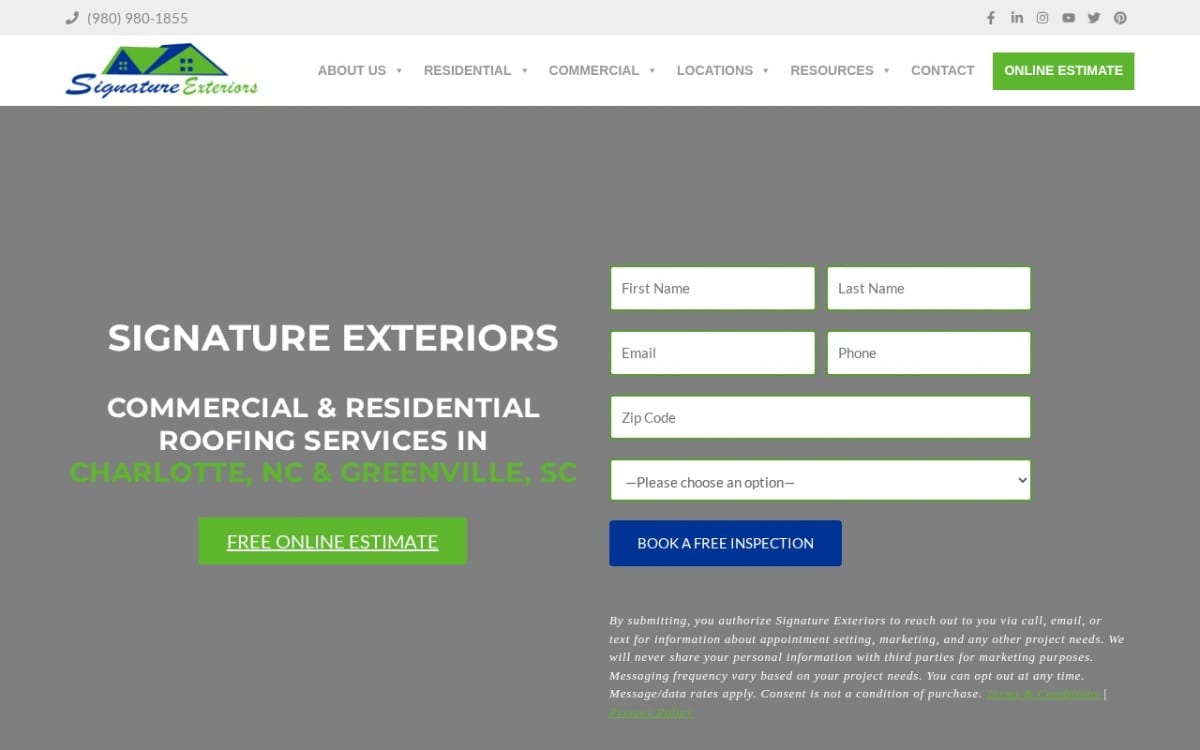 Signature Exteriors roofing website homepage