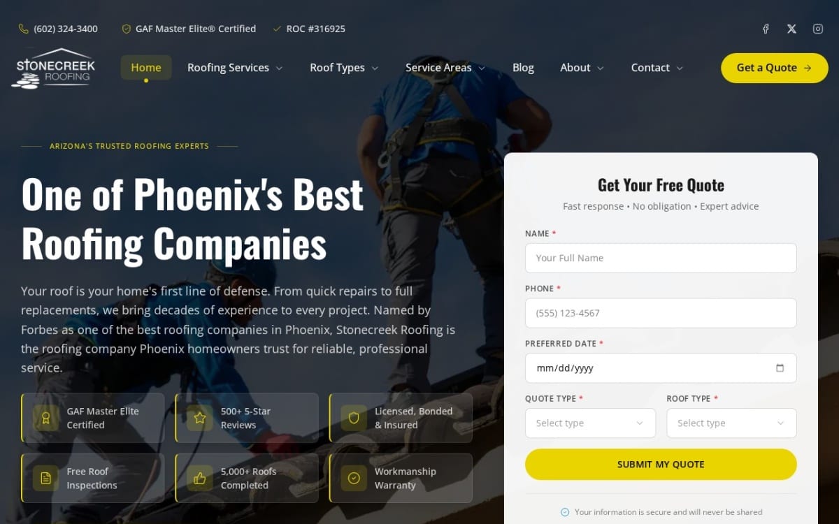 Stonecreek Roofing roofing website homepage