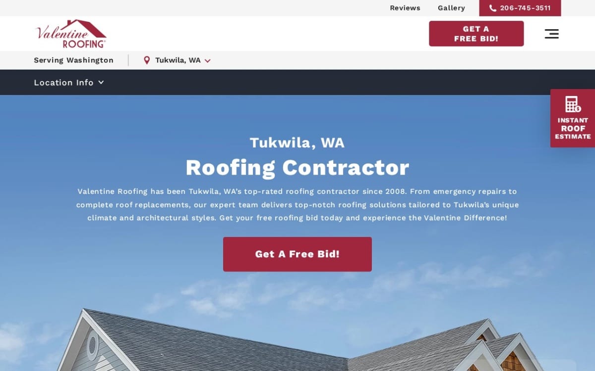 Valentine Roofing roofing website homepage