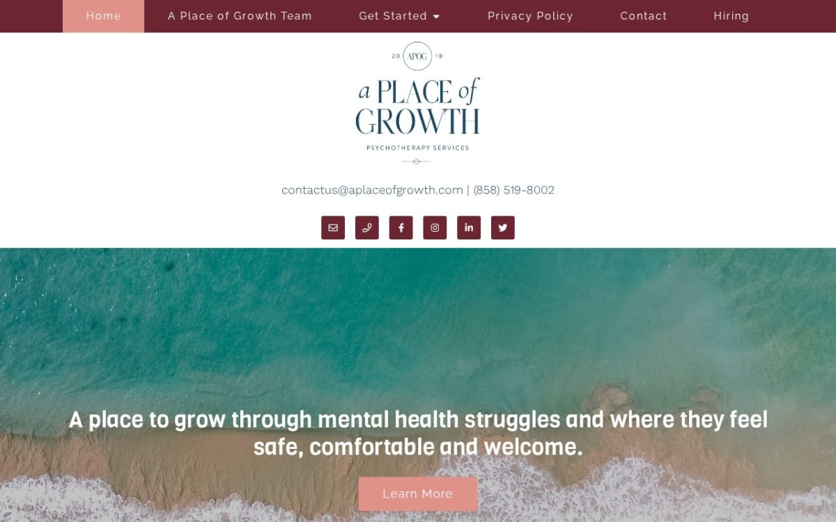 A Place of Growth Therapy therapist website homepage