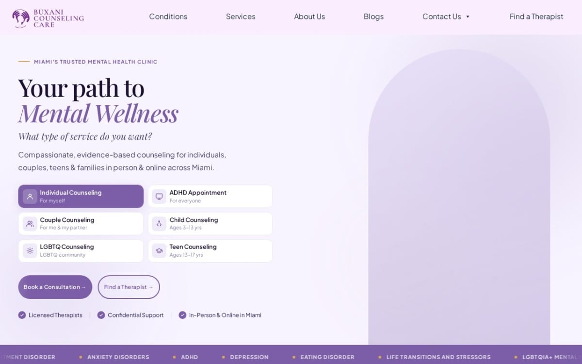 Buxani Counseling Care | Mental Health Counseling Clinic in Miami therapist website homepage