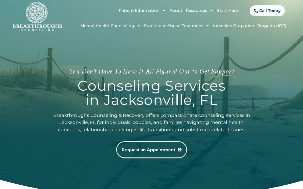 Breakthroughs: Counseling & Recovery therapist website homepage