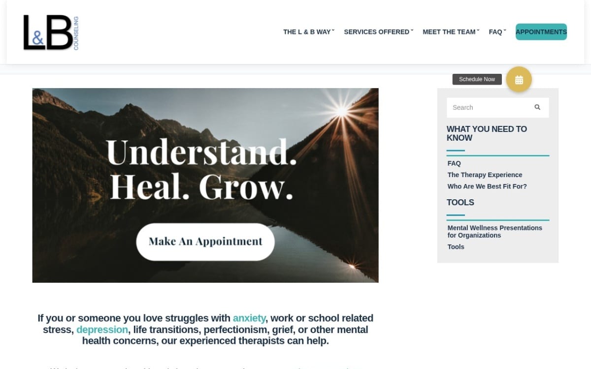 L & B Counseling PLLC therapist website homepage