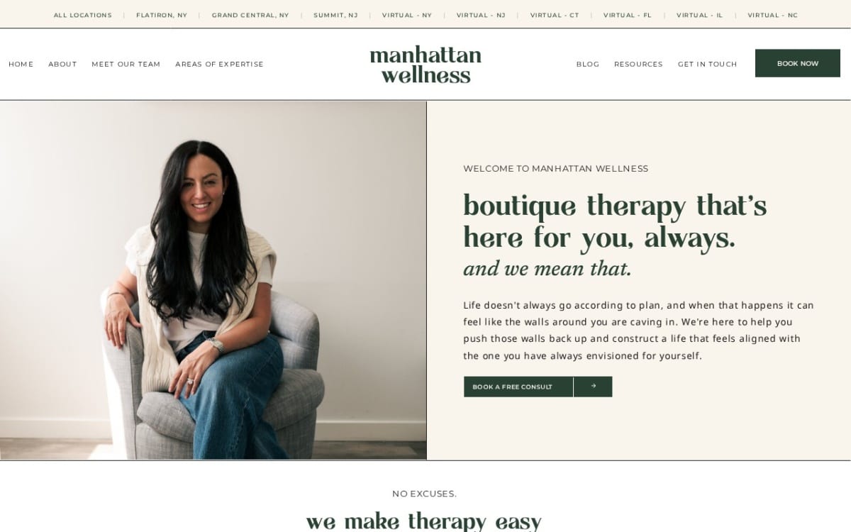 Manhattan Wellness therapist website homepage