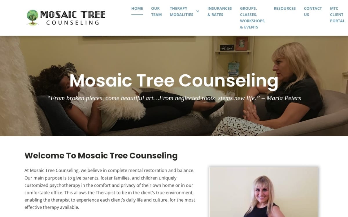 Mosaic Tree Counseling therapist website homepage