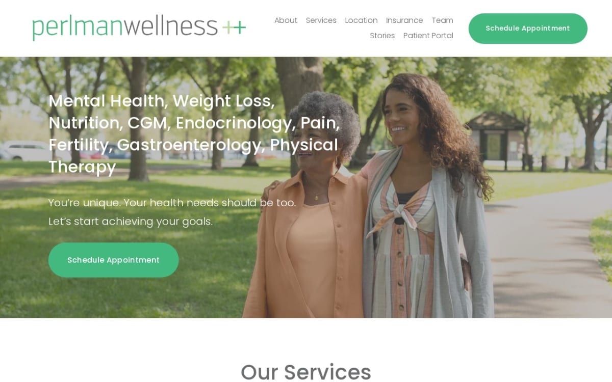 Perlman Wellness therapist website homepage