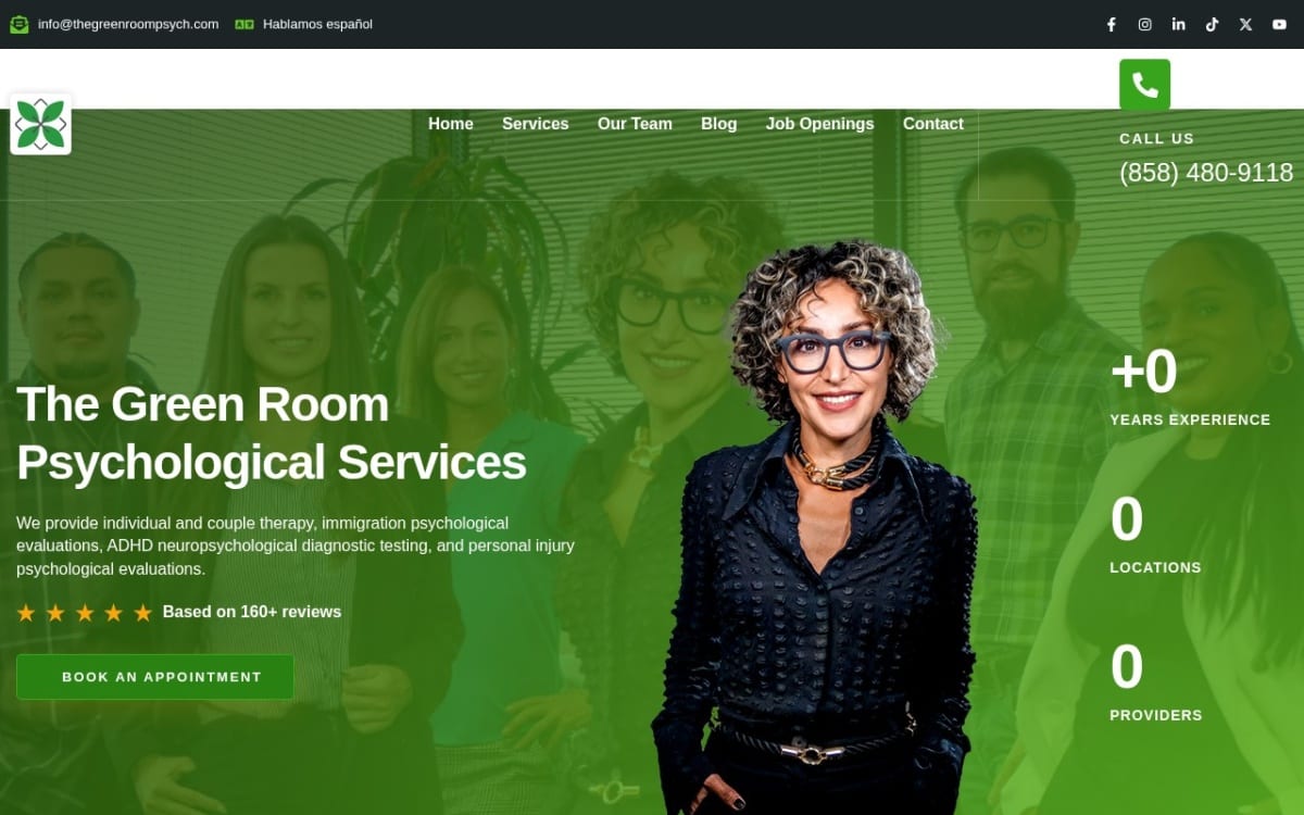 The Green Room Psychological Services therapist website homepage