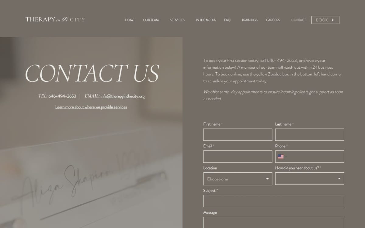 Therapy In The City therapist website homepage