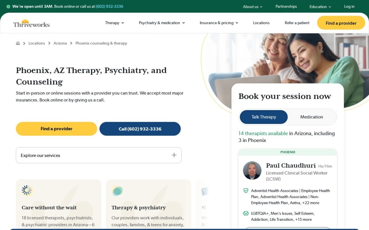Thriveworks Counseling & Psychiatry Phoenix therapist website homepage