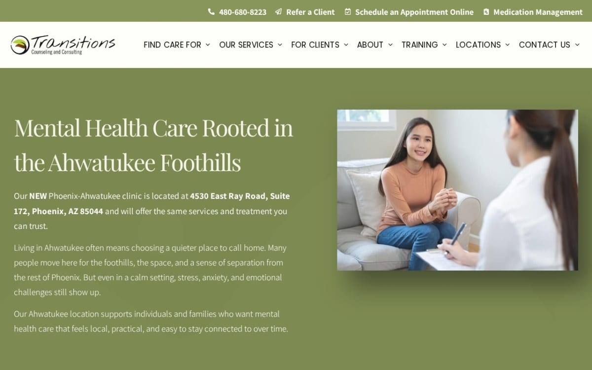 Transitions Counseling and Consulting therapist website homepage