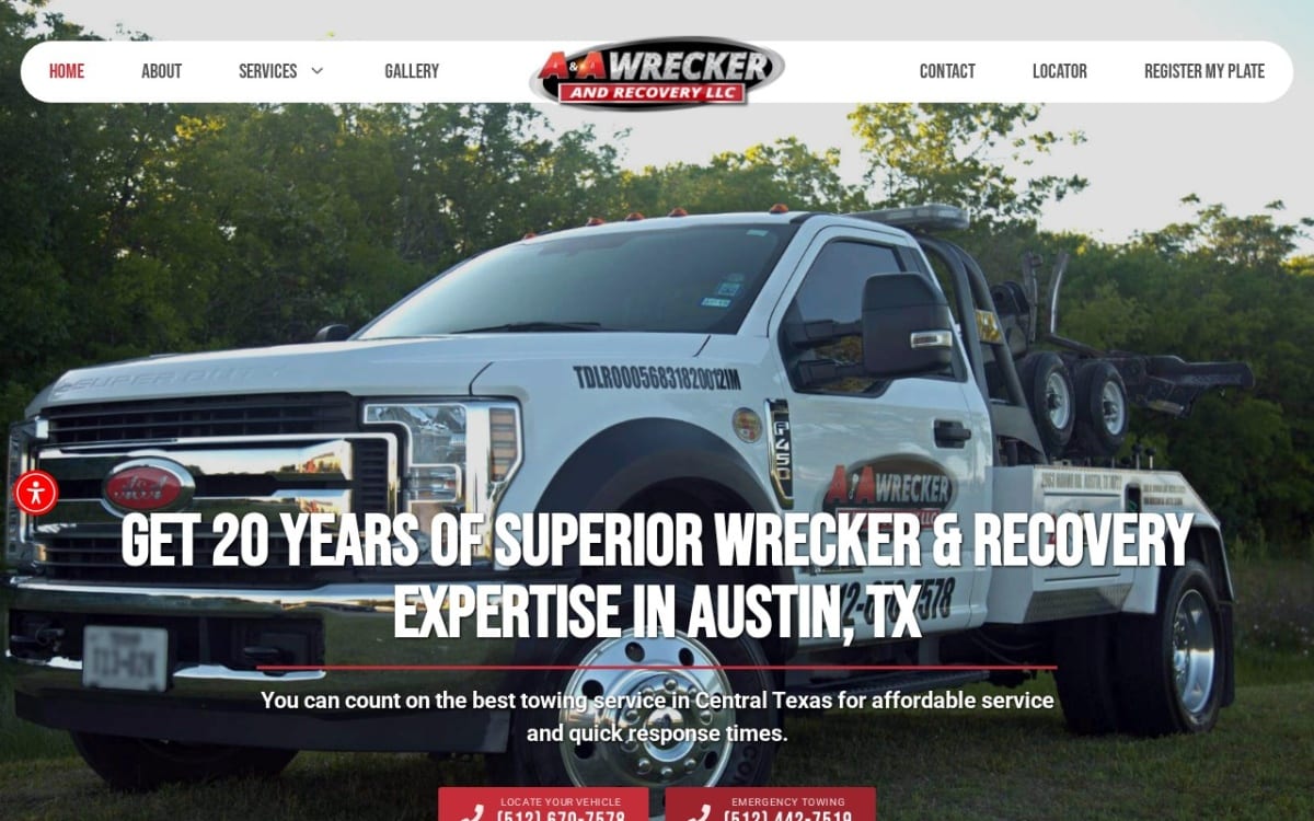 A & A Wrecker & Recovery, LLC towing website homepage