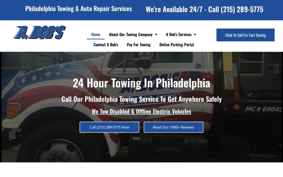A Bob's Towing towing website homepage