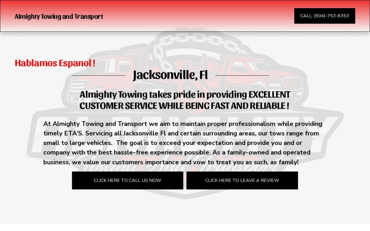 Almighty Towing Transport towing website homepage