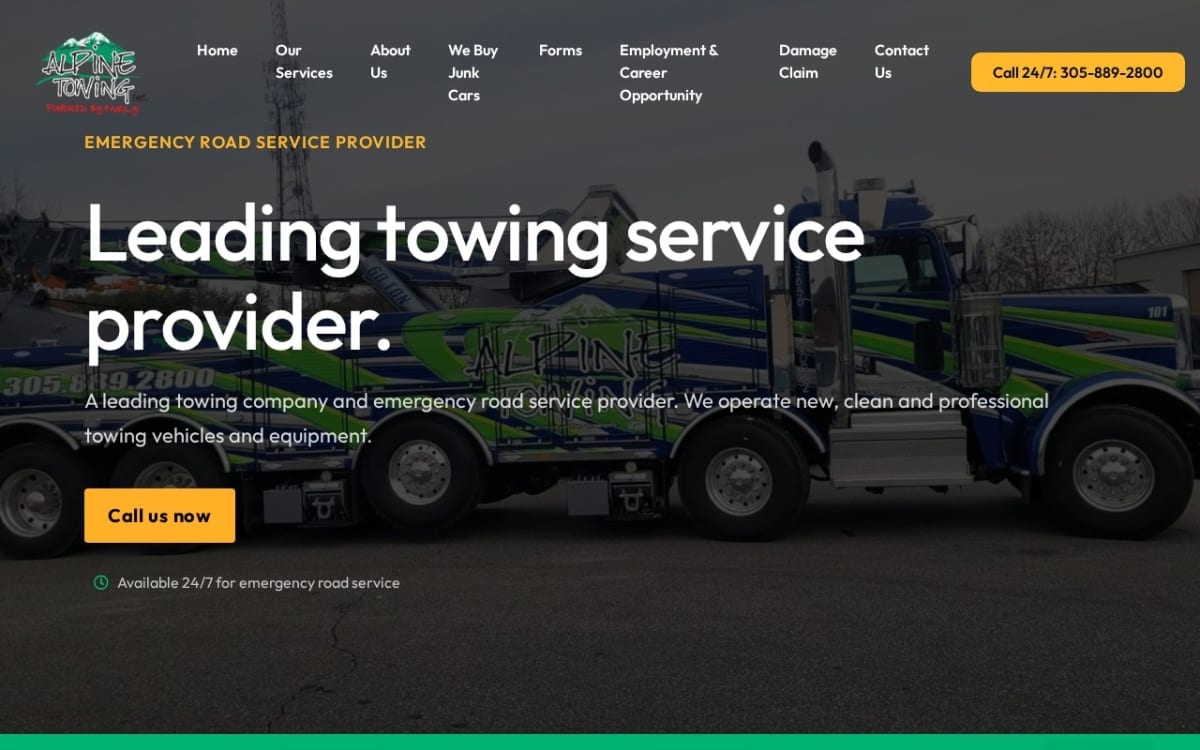 Alpine Towing Inc towing website homepage