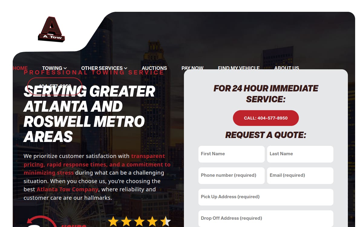 A Tow Atlanta, Inc. towing website homepage