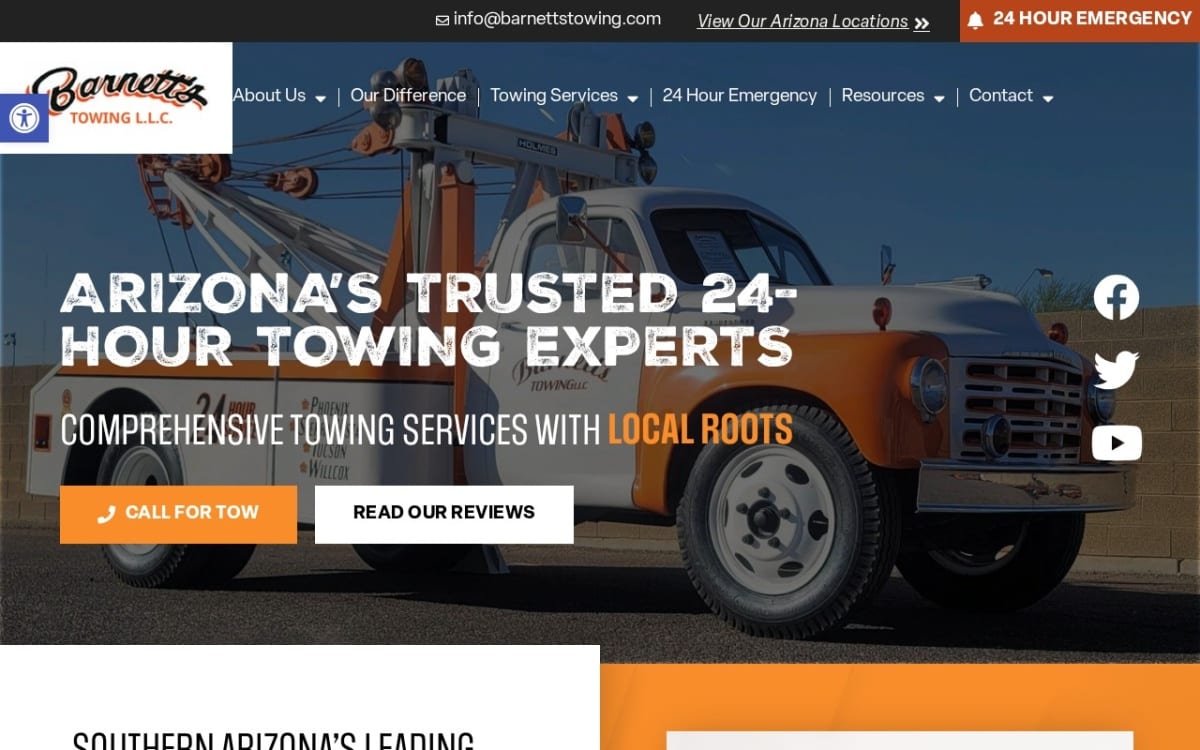 Barnett's Towing towing website homepage
