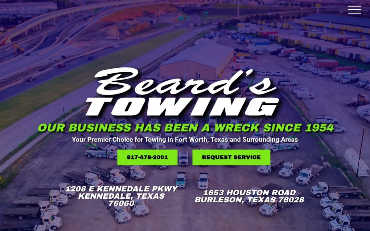 Beard's Towing towing website homepage
