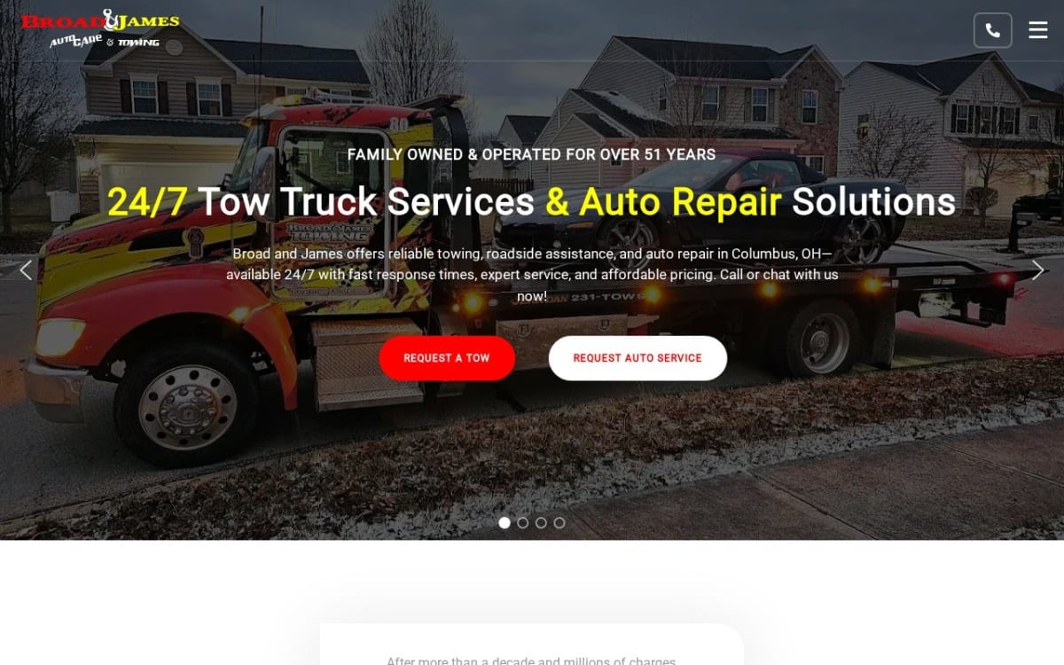 Broad & James Towing towing website homepage