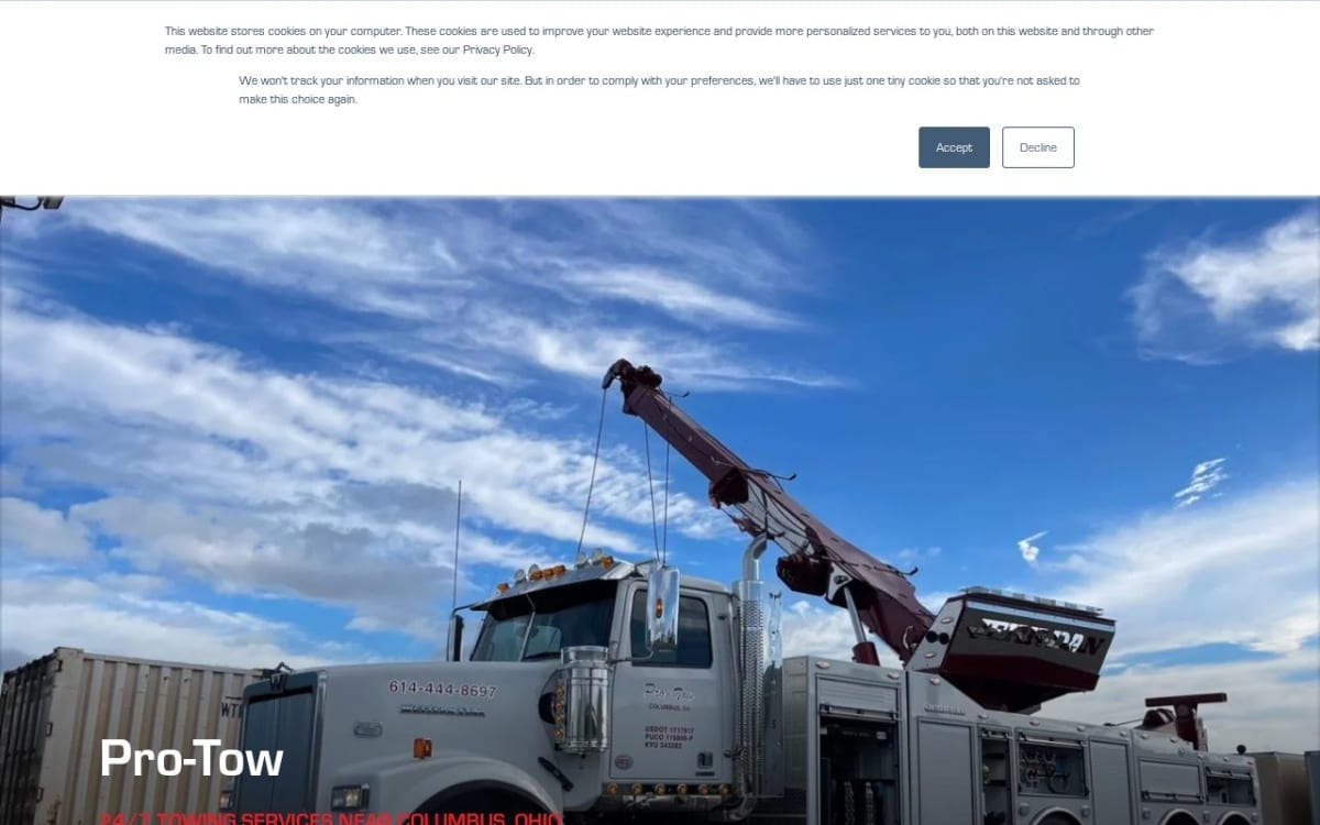 Pro Tow Towing & Recovery towing website homepage
