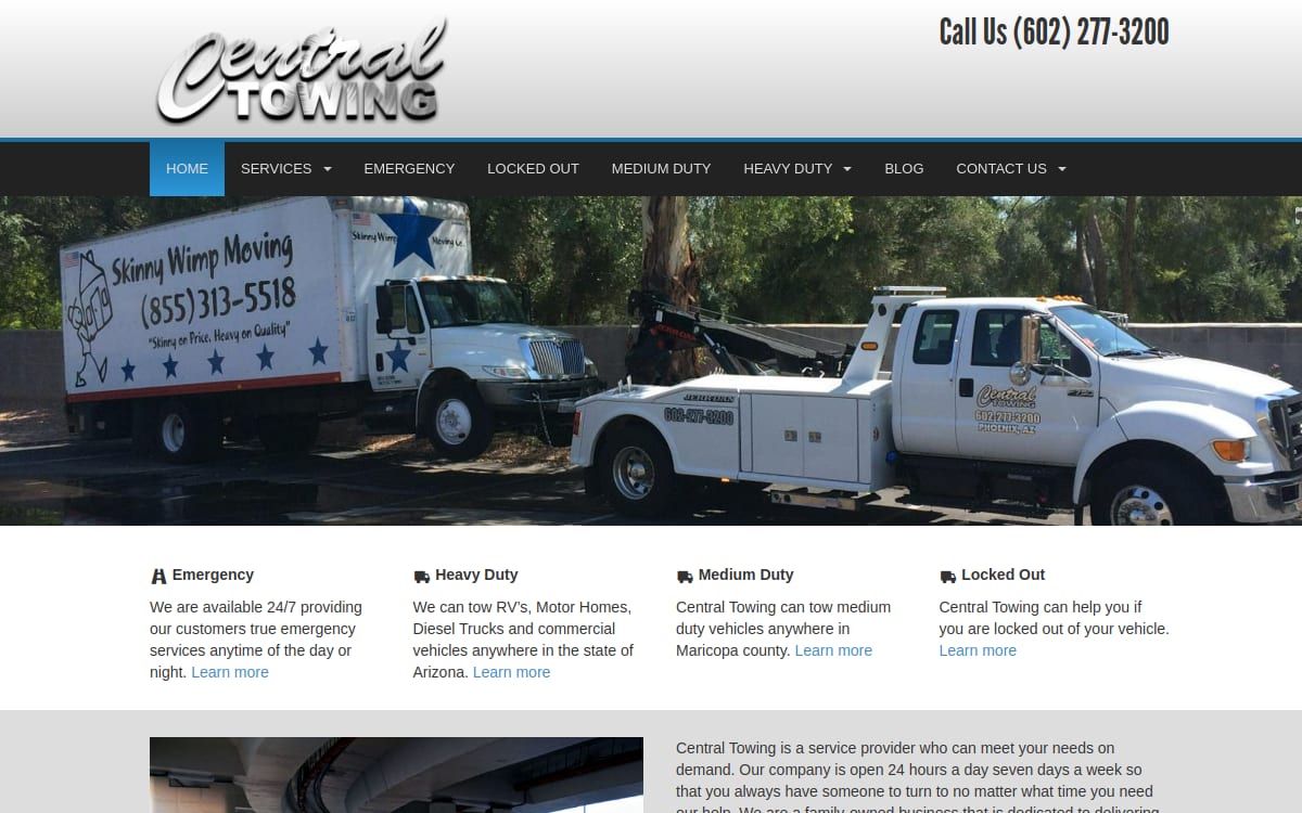 Central Towing towing website homepage