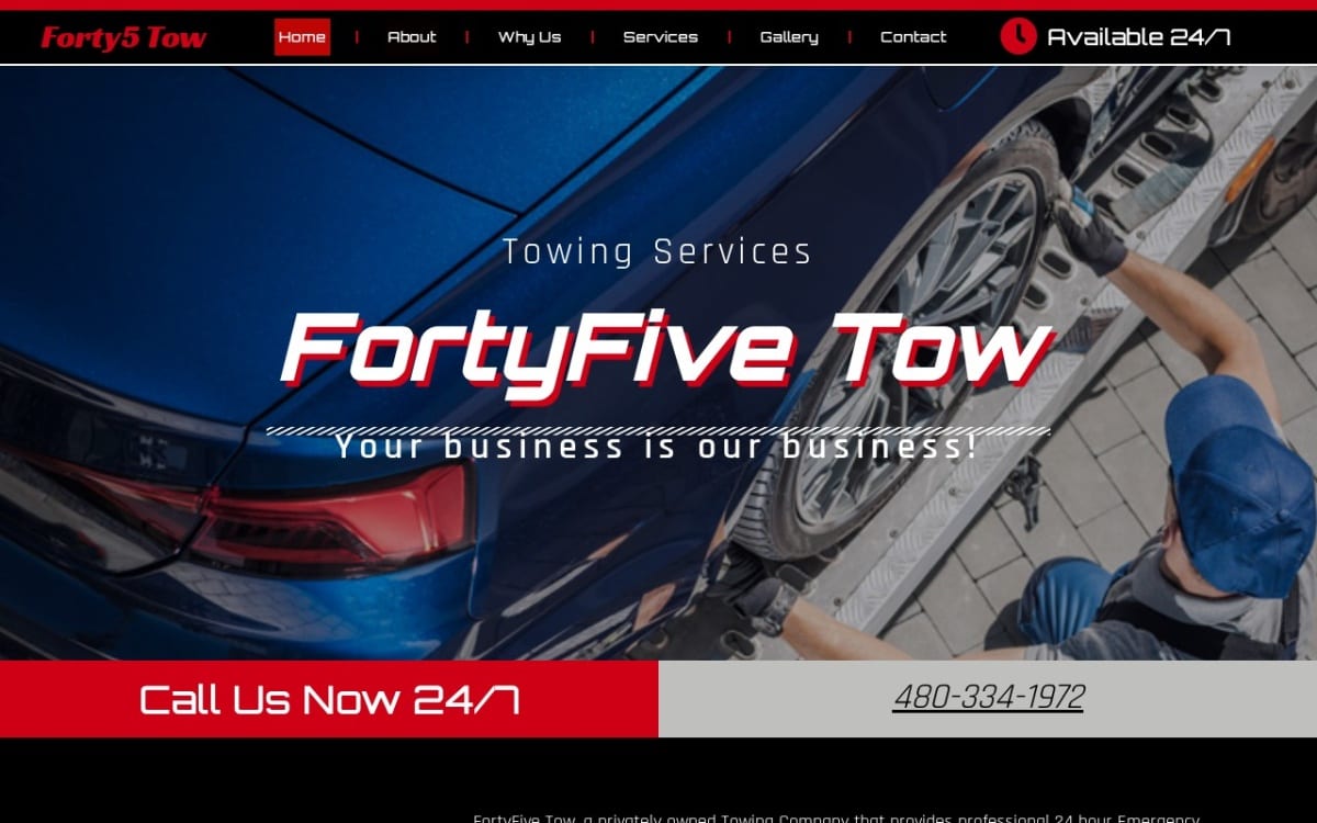 FortyFive Tow towing website homepage