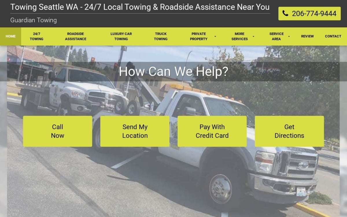 Guardian Towing towing website homepage
