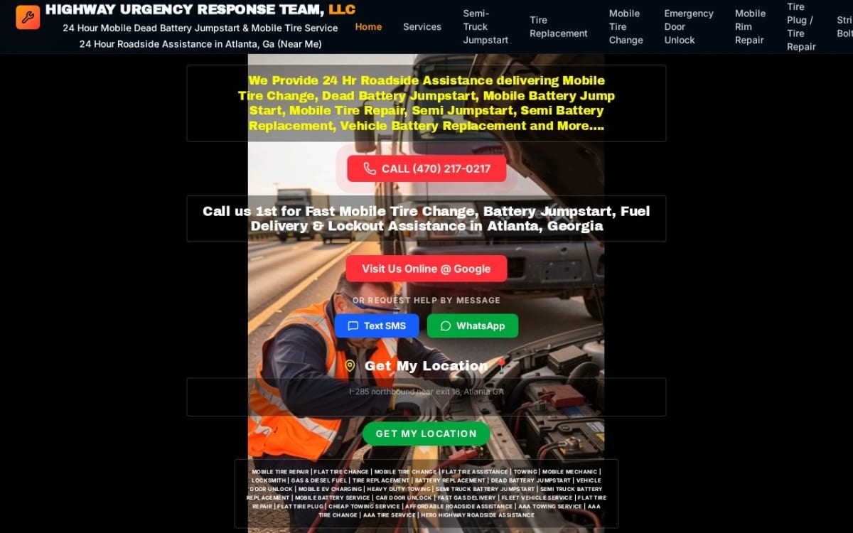 HURT Roadside Assistance - Dead Battery Jumpstart & Flat Tire Change towing website homepage