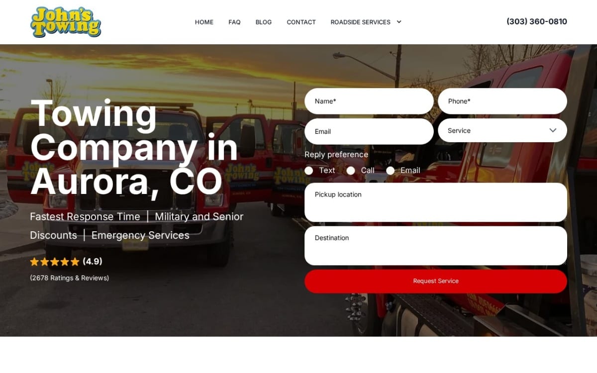 John's Towing Service towing website homepage