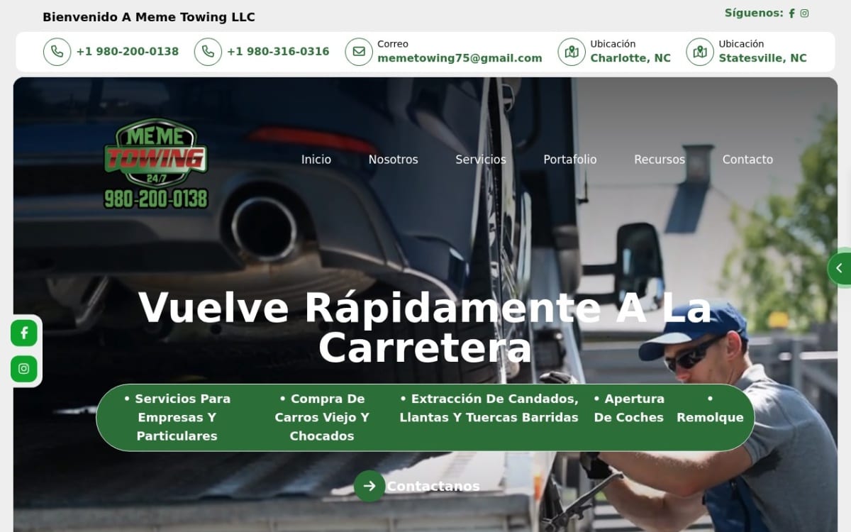 Meme Towing towing website homepage