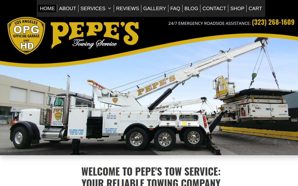 Pepe's Towing Service towing website homepage