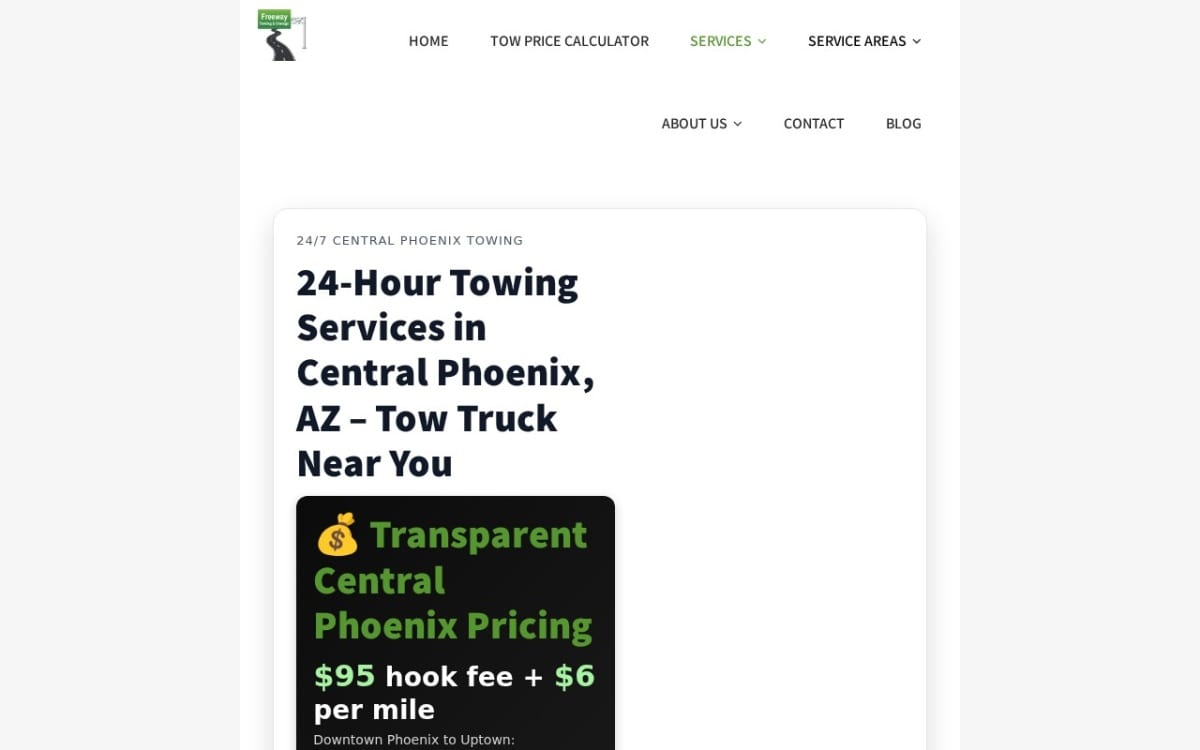 Freeway Towing & Storage towing website homepage