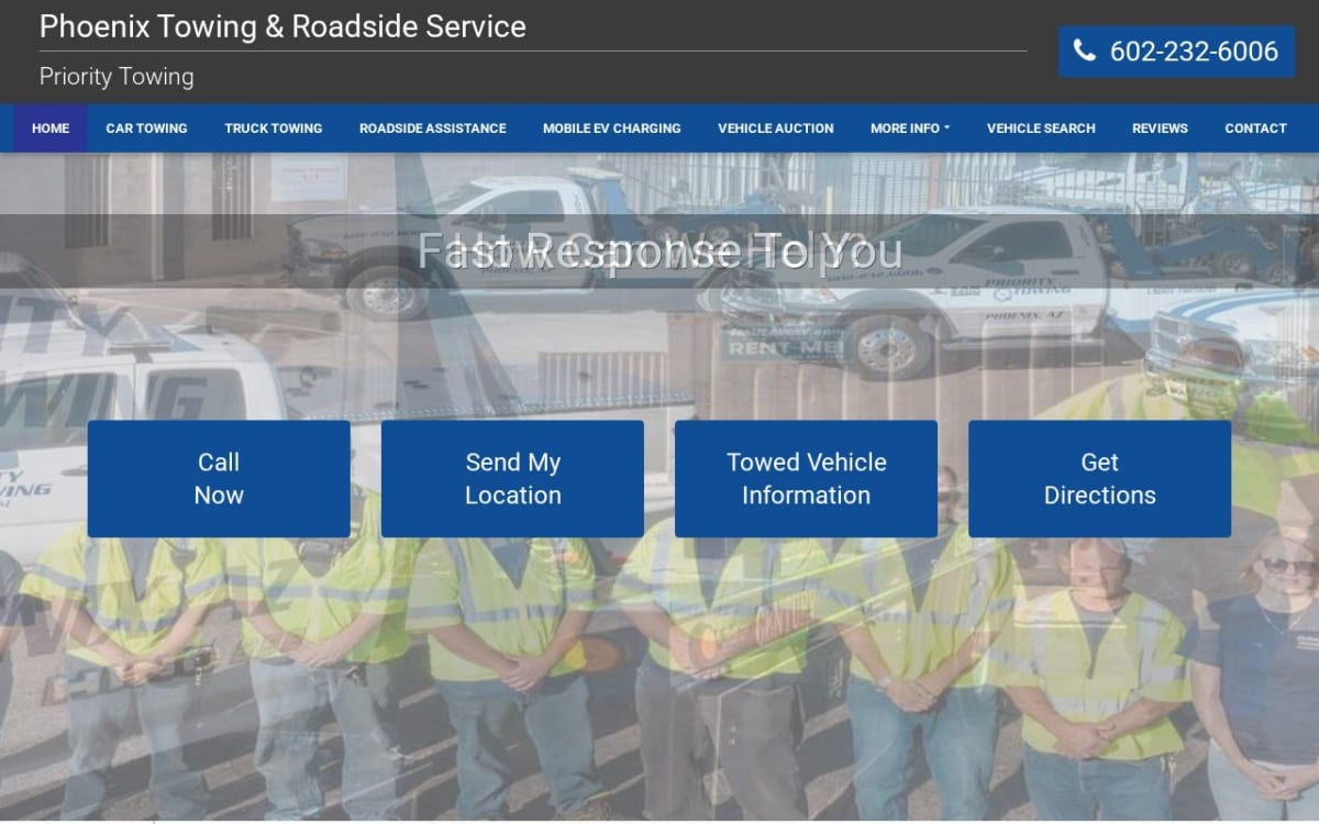 Priority Towing Service towing website homepage