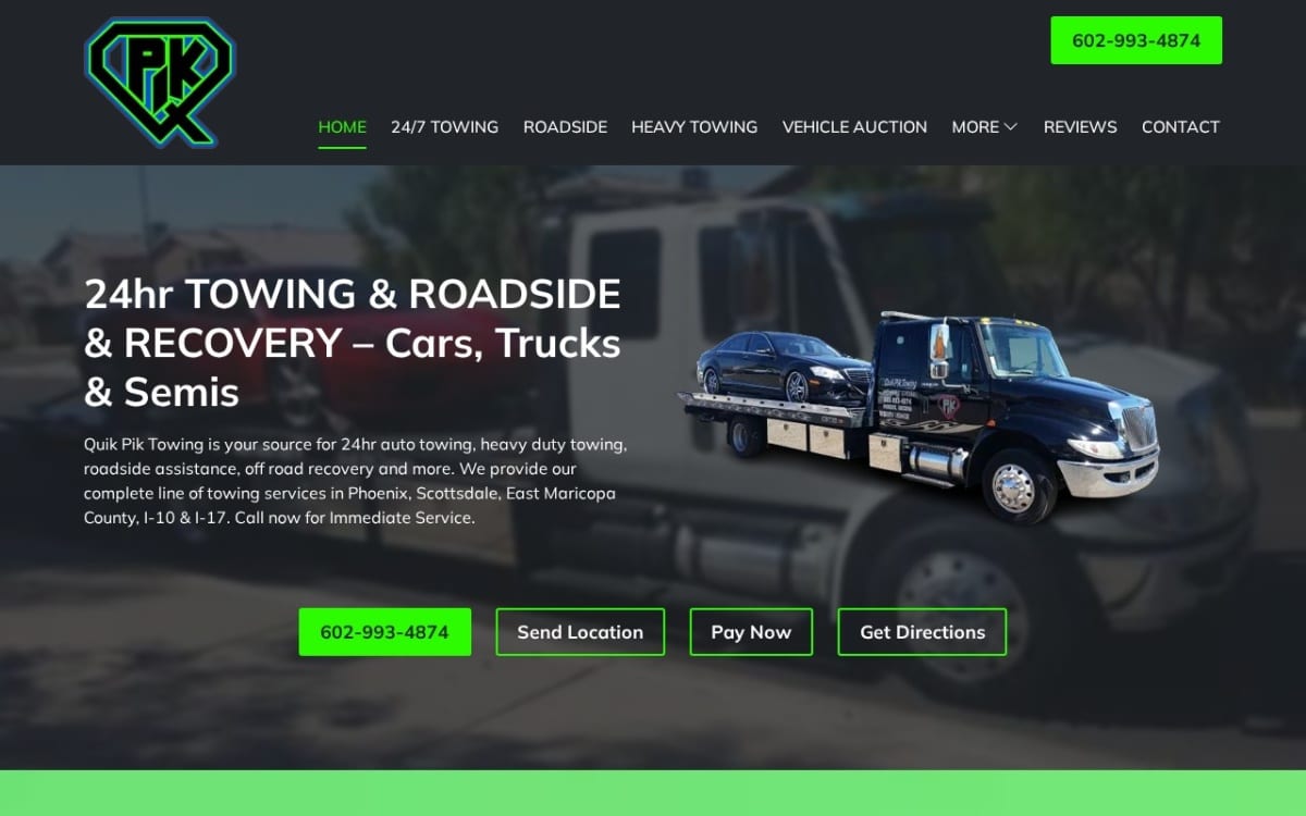 Quik Pik Towing towing website homepage