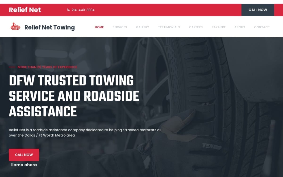 Relief Net Roadside Assistance towing website homepage