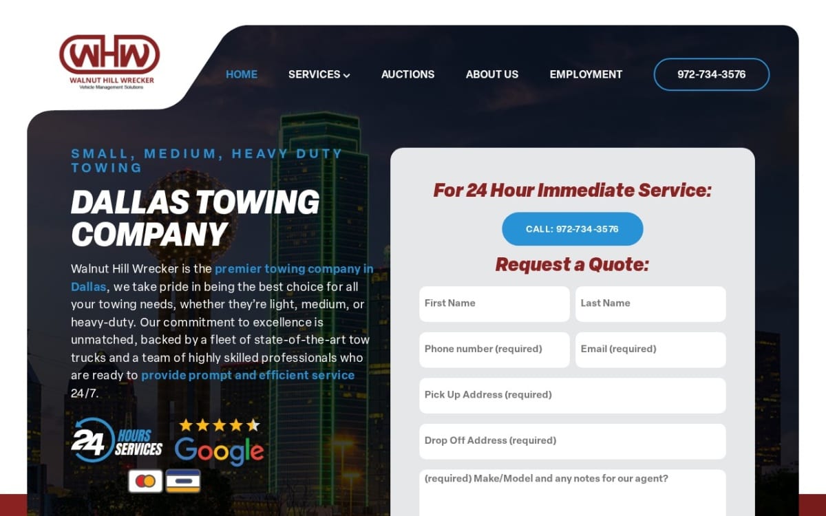 Walnut Hill Wrecker towing website homepage