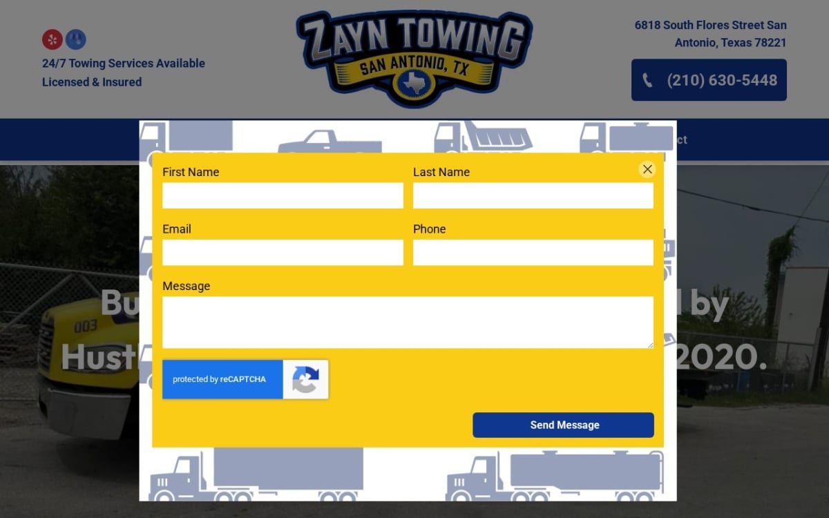 Zayn Towing towing website homepage
