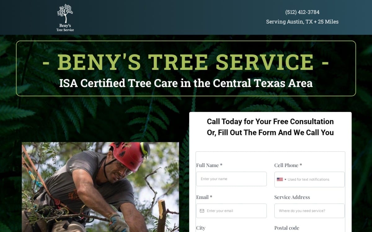 Beny's Tree Service tree service website homepage