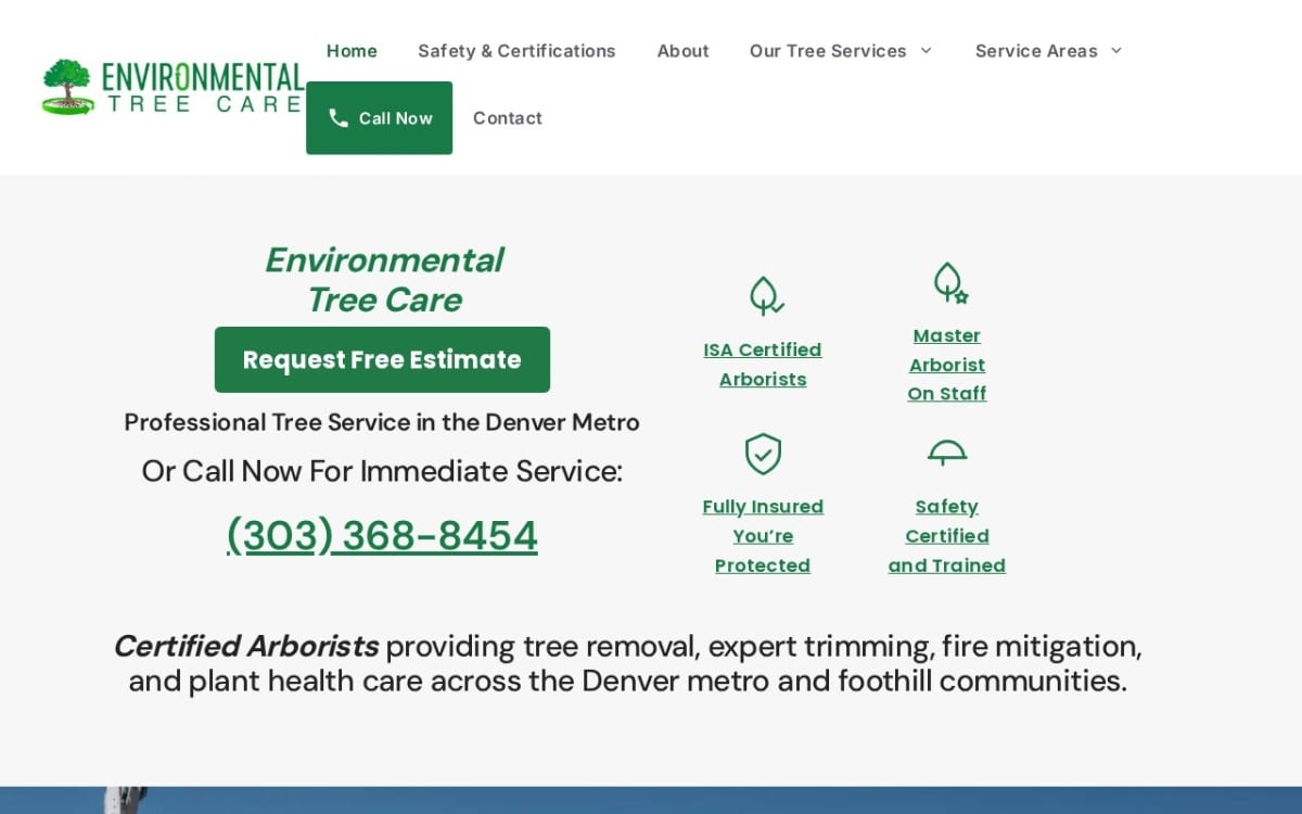 Environmental Tree Care LLC tree service website homepage