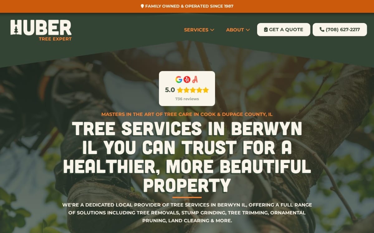 Huber Tree Expert tree service website homepage