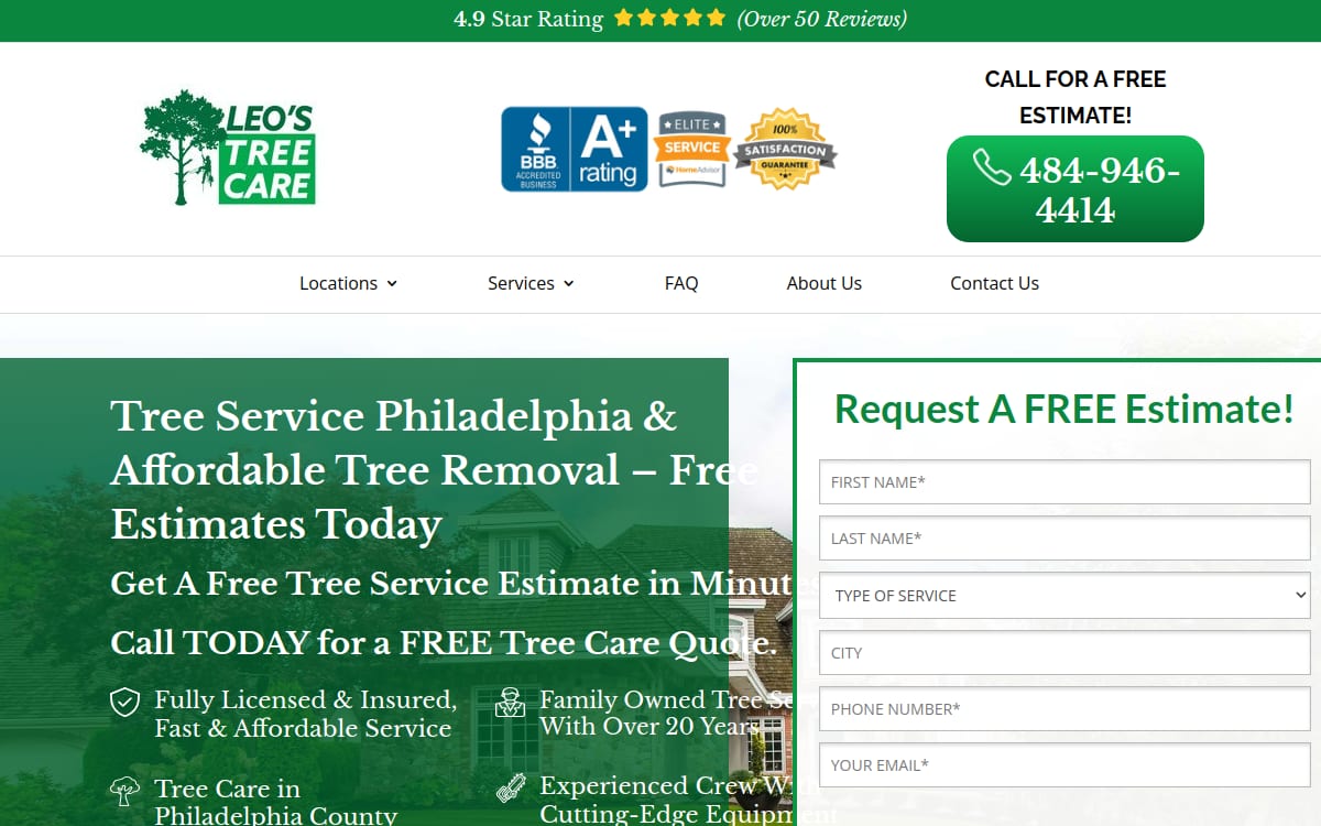 Leo's Tree Care tree service website homepage