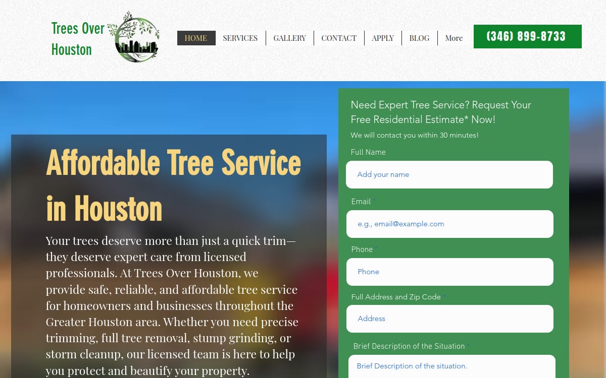 Trees Over Houston tree service website homepage